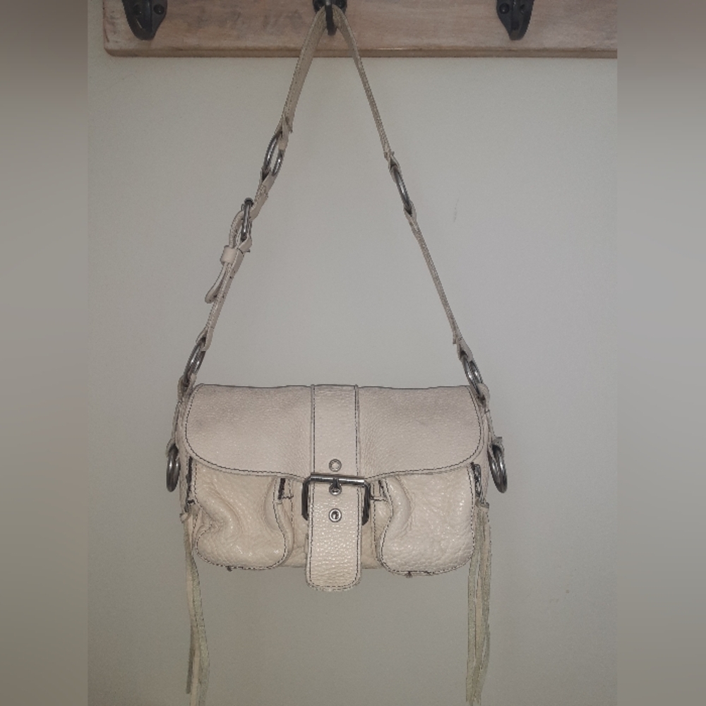 Cream Leather Shoulder Bag with Silver Buckle